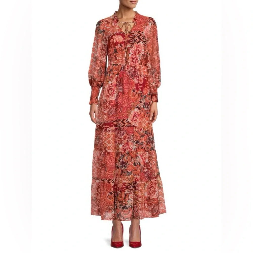NWT Julia Jordan Floral Smocked Maxi Dress Long Sleeve Red Size 4